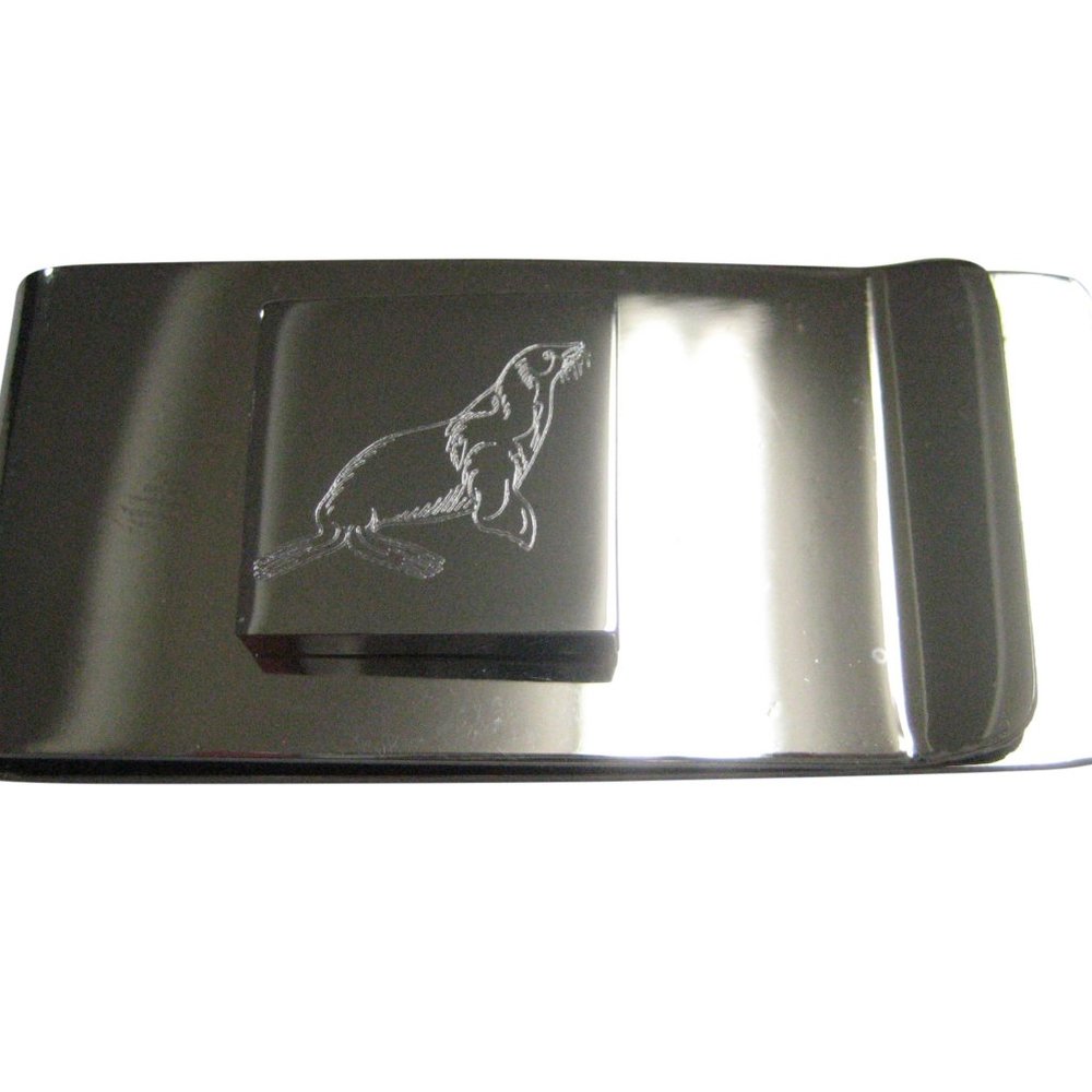 Silver Toned Square Etched Sea Lion Money Clip